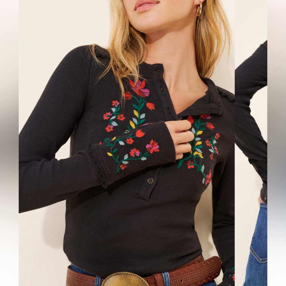 Free people Flyer Embroidered Cuff Top